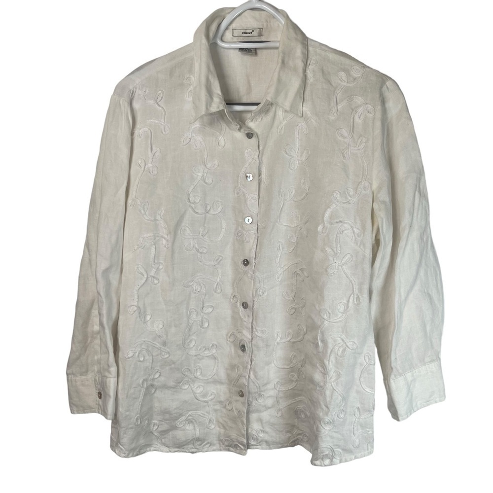 Edward Womens Size Large White Linen Blouse Button Up Shirt Embroidered